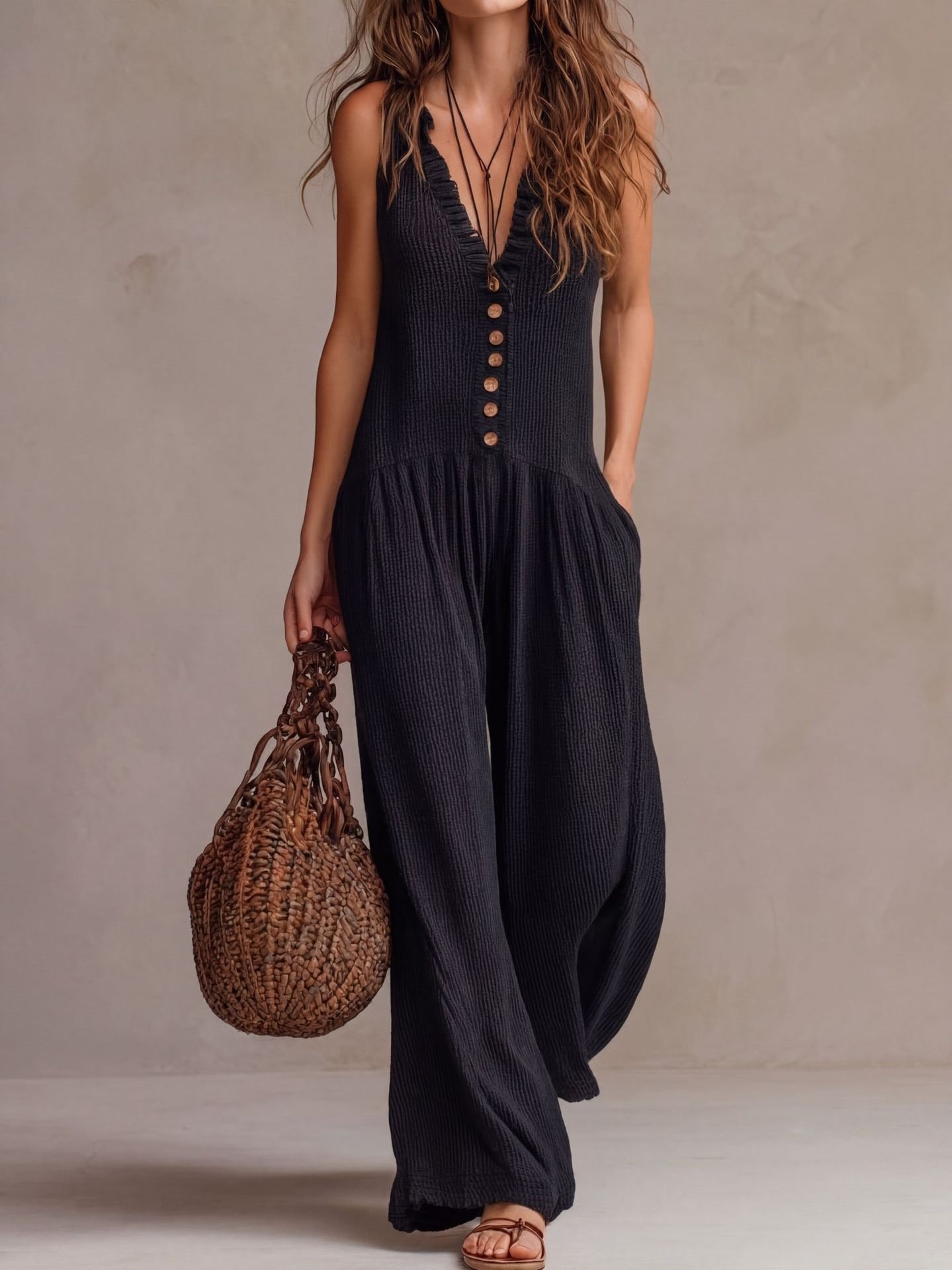 2026 European and American Cross-Border Amazon Women's New Loose Bohemian Style V-Neck Wide-Leg Slim-Fit Jumpsuit - Image 4