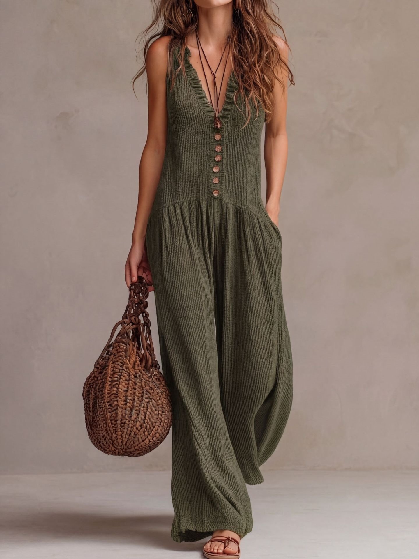 2026 European and American Cross-Border Amazon Women's New Loose Bohemian Style V-Neck Wide-Leg Slim-Fit Jumpsuit - Image 5