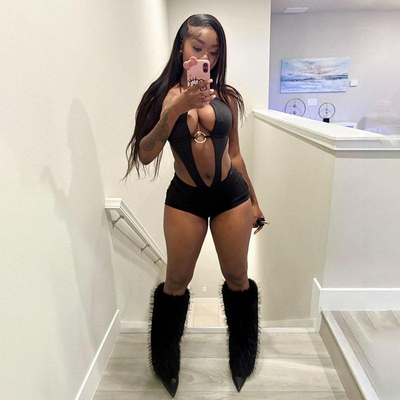 K25Q90201 Cross-Border European and American Style 2026 Spring Hollow-Out Sexy Backless Tie-Up Hip-Hugging Shorts Halter Neck Jumpsuit