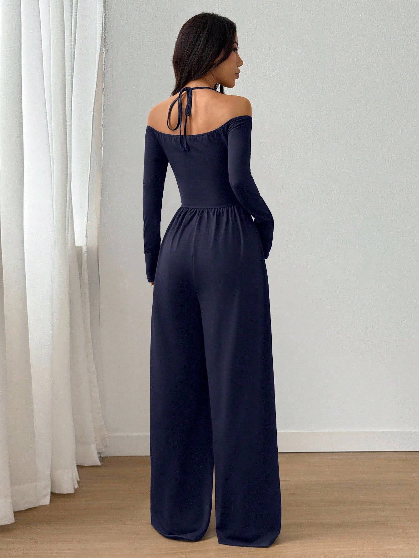 European and American Style Short-Sleeve Cross-Border New V-Neck Tie Long-Sleeve Jumpsuit for Women, Waist-Cinching Wide-Leg Pants, European and American Style Casual - Image 5