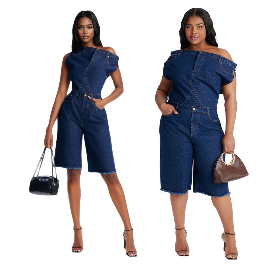 6063 Cross-Border Amazon New European and American Casual Fashion Strapless One-Shoulder Slim Denim Jumpsuit