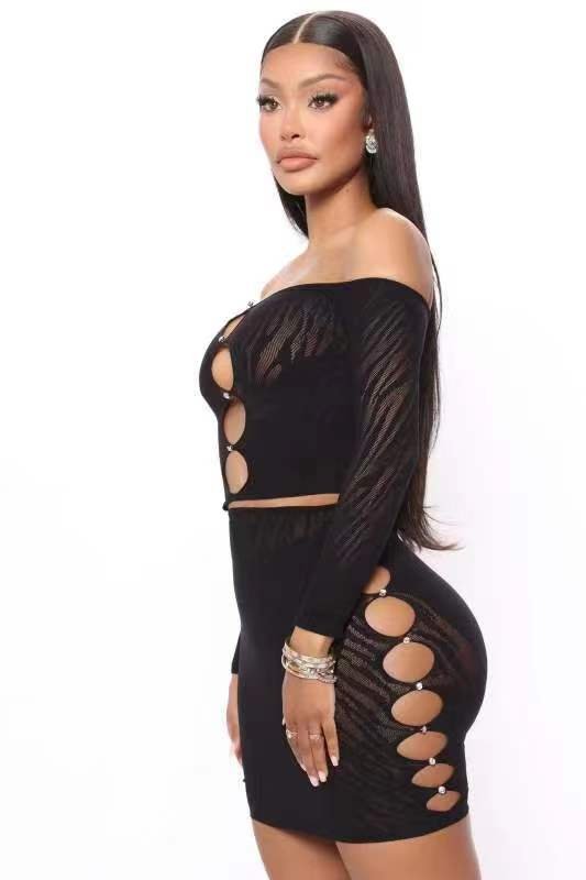 European and American nightclub style sexy nail pearl tight long sleeve jumpsuit hip skirt split two-piece set - Image 3