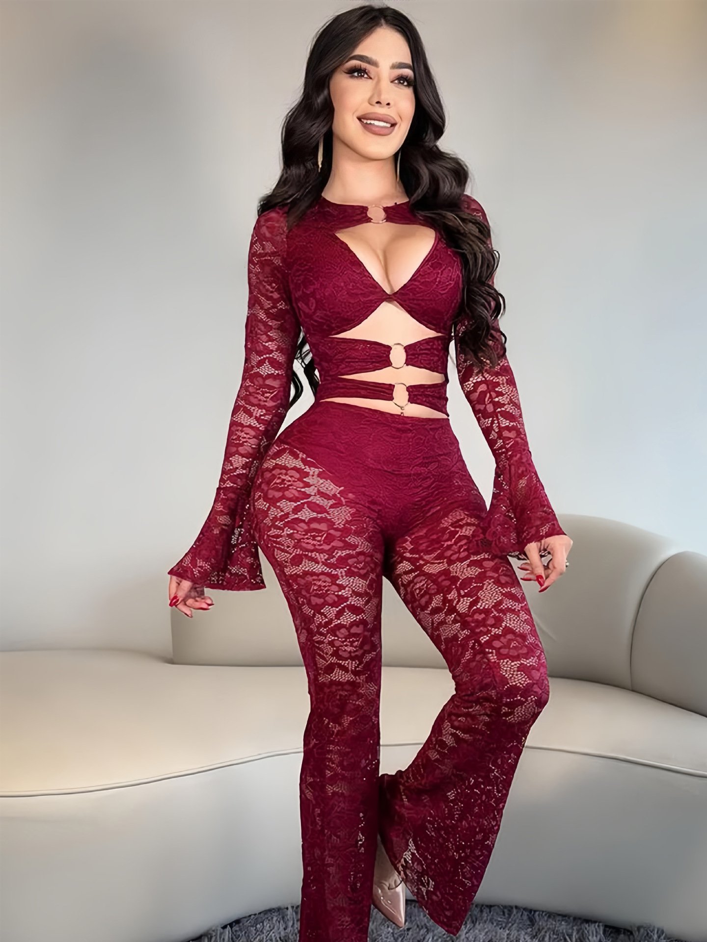 Cross-Border 2025 Sexy Deep V Ring-Tie Bell-Sleeve Tight-Fitting Nightclub Party Jumpsuit Set - Image 6
