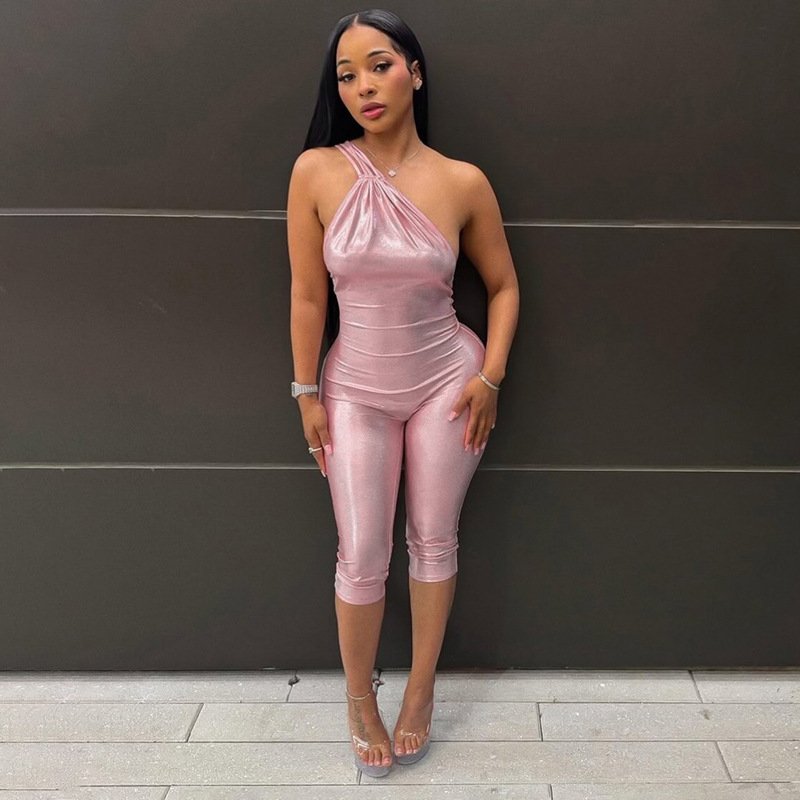 D26Jp189 European and American New Style Cross-Border Women's Clothing with Gold Stamping, One-Shoulder, Sexy, Deep Backless, Tight-Fitting, Spicy Girl Style, Three-Quarter Length Jumpsuit - Image 2