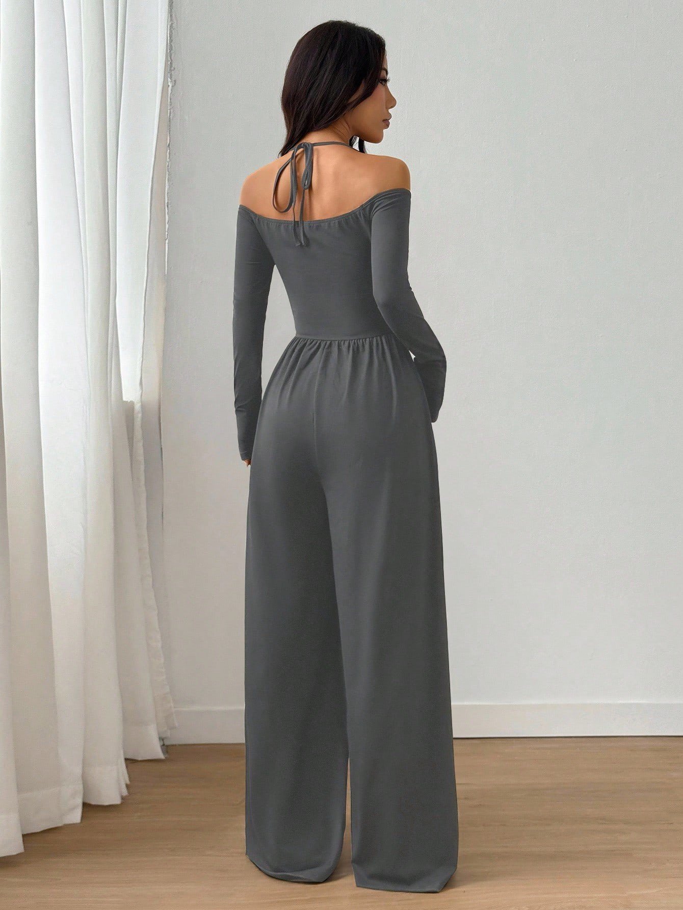 European and American Style Short-Sleeve Cross-Border New V-Neck Tie Long-Sleeve Jumpsuit for Women, Waist-Cinching Wide-Leg Pants, European and American Style Casual - Image 3