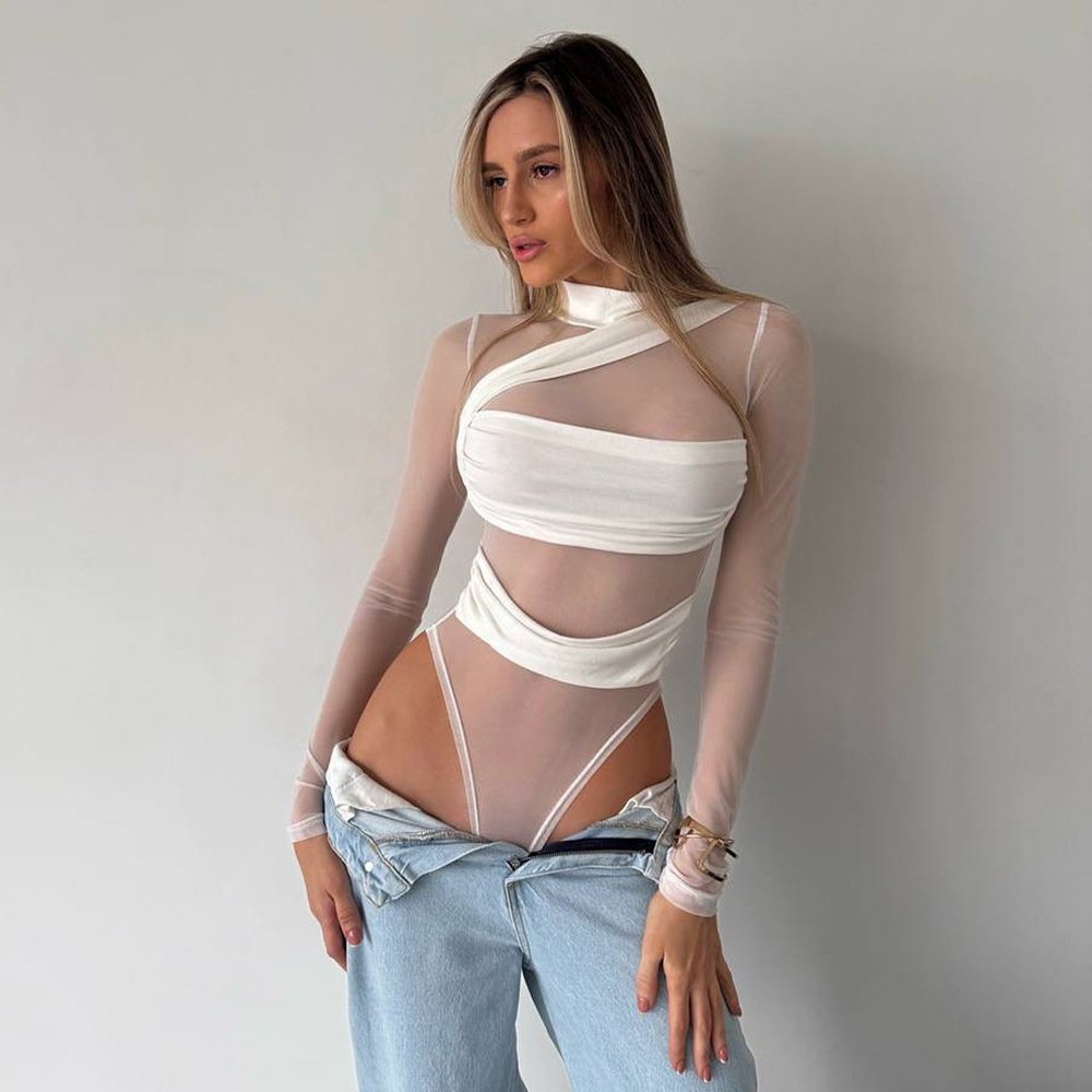 D521Bs European and American Cross-Border Sexy Sheer Mesh Slim-Fit Solid Color Bandage-Style Design Bodysuit - Image 2