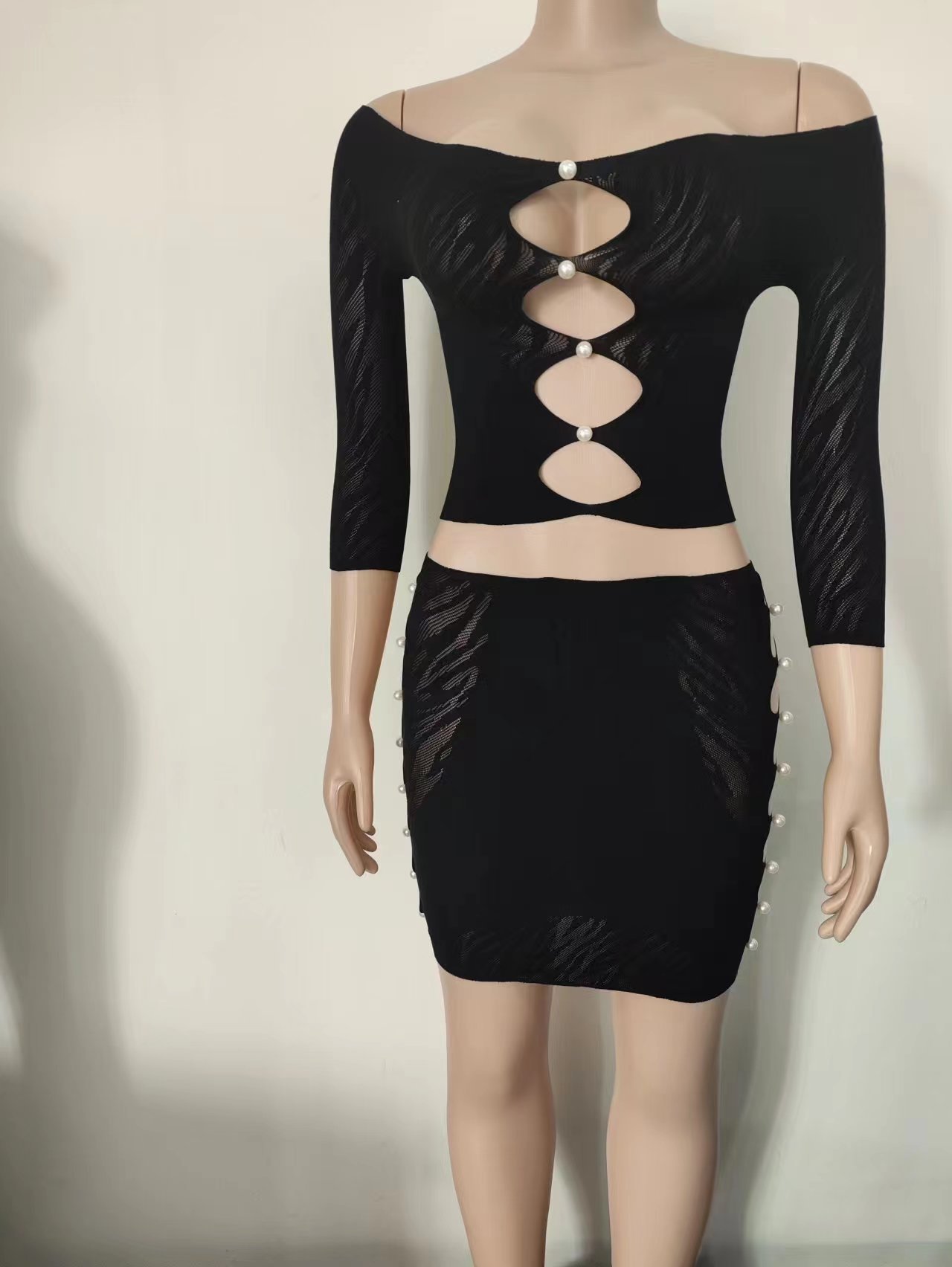 European and American nightclub style sexy nail pearl tight long sleeve jumpsuit hip skirt split two-piece set - Image 6