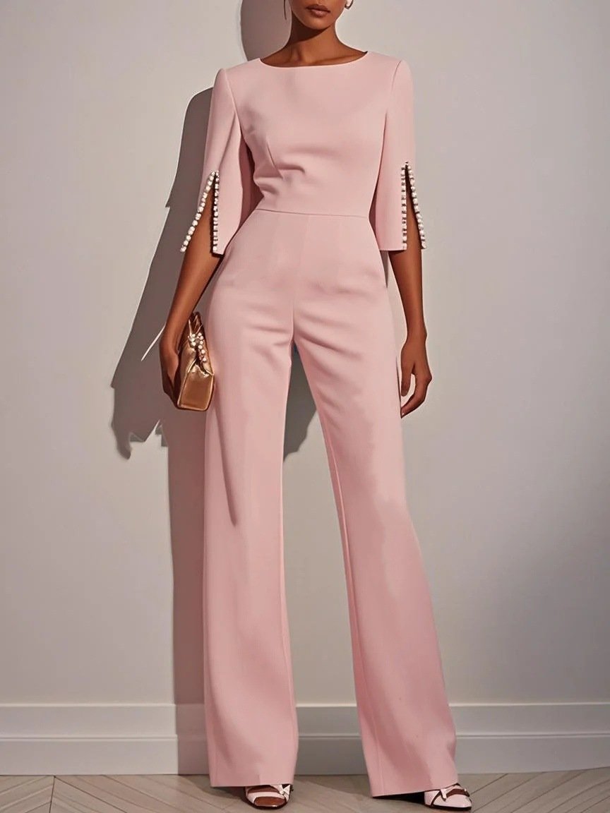 2025 Independent Station Wish Amazon Hot Style Spring and Summer Pure Color Beaded Decoration Slim Jumpsuit Women's Clothing - Image 4