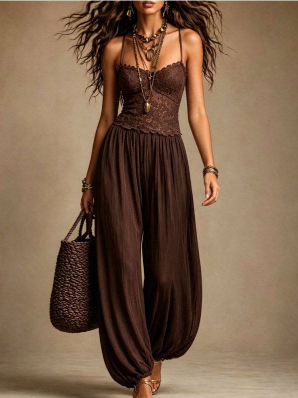 Independent Brand 2026 New Bohemian Style Black Spaghetti Strap Chiffon Women's Summer Sexy Lace Jumpsuit 10723 - Image 5