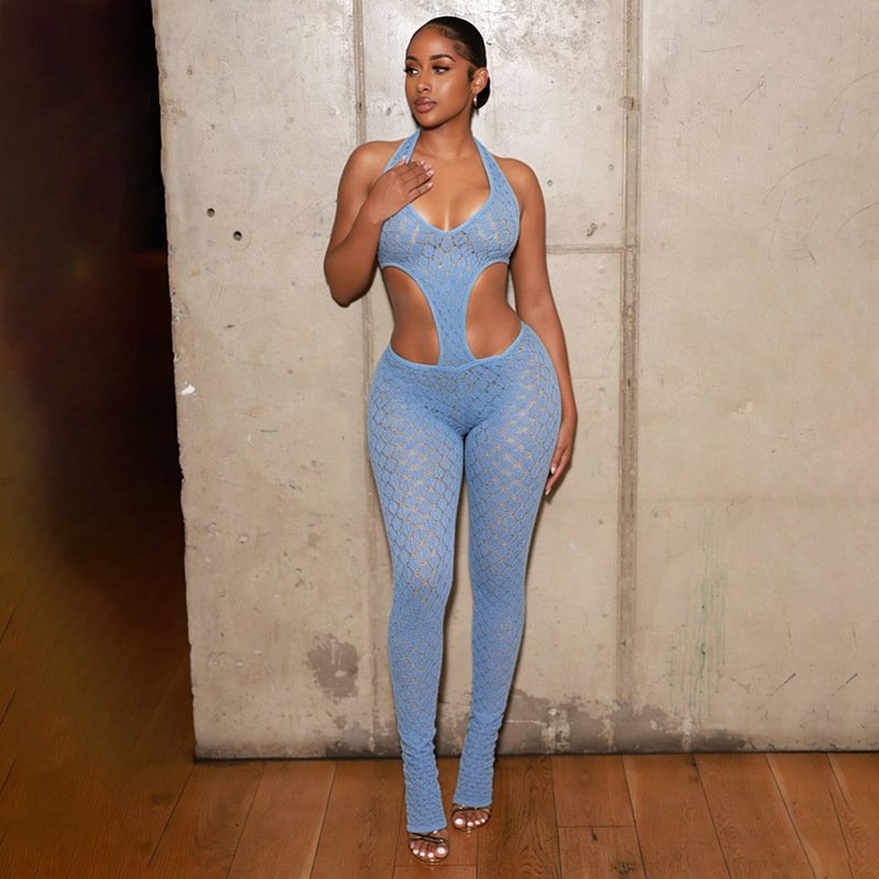 J26Jp067 Foreign Trade European and American Style New Sexy Hot Girl Solid Color See-Through Slim Fit Slimming Knit Deep V Jumpsuit - Image 4