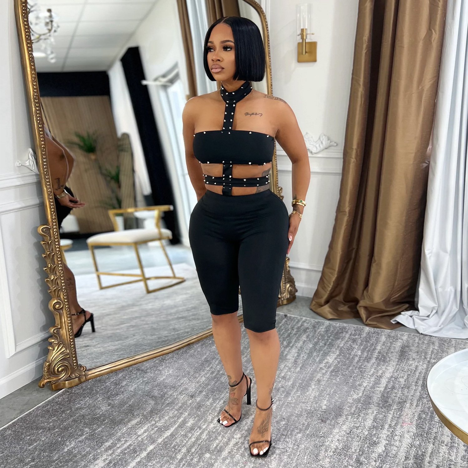 C7728 Cross-Border Aliexpress Amazon European and American Fashion Women's Clothing Sexy Off-Shoulder Beaded Halter Neck Solid Color Jumpsuit - Image 2