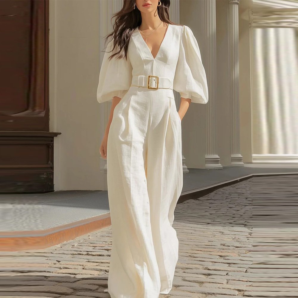 Independent Site Cross-Border Foreign Trade 2026 Spring Collection European and American Women's Fashion Elegant Casual Solid Color Deep V-Neck Loose Jumpsuit for Women - Image 2