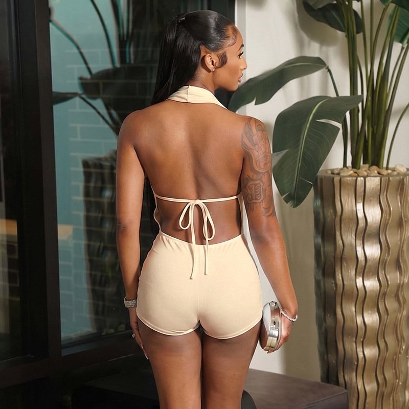 D26Rp210 European and American Style New Fashion Women's Clothing, Sexy Halter Neck, Deep Backless, Sleeveless One-Piece Shorts - Image 3