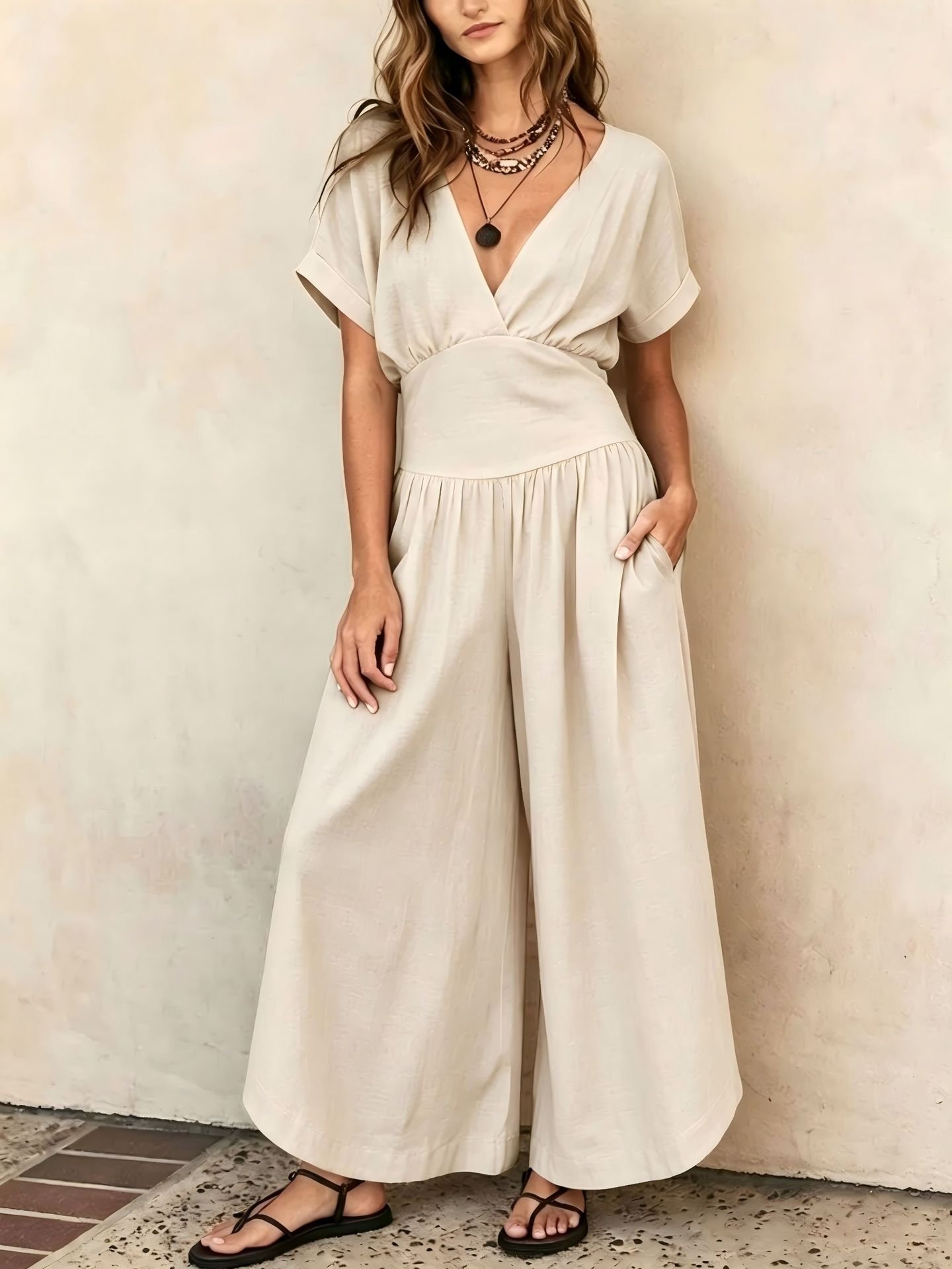 2026 European and American Cross-Border Spring and Summer New Amazon Elegant Waist-Cinching V-Neck Casual Stylish Women's Jumpsuit - Image 5