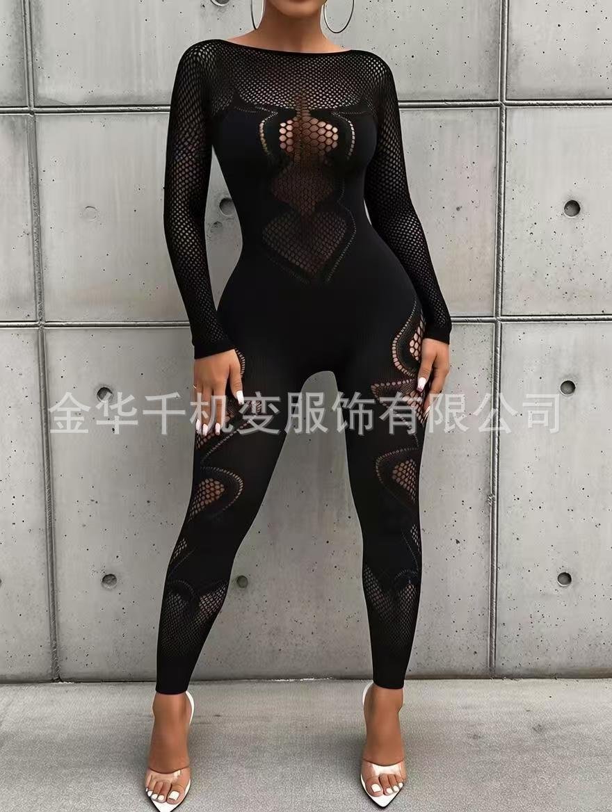 European and American Amazon 2024 New Summer Women's Clothing Round Neck Plain Hollow-Out Pleated Sexy Nightclub Style Jumpsuit for Women - Image 4
