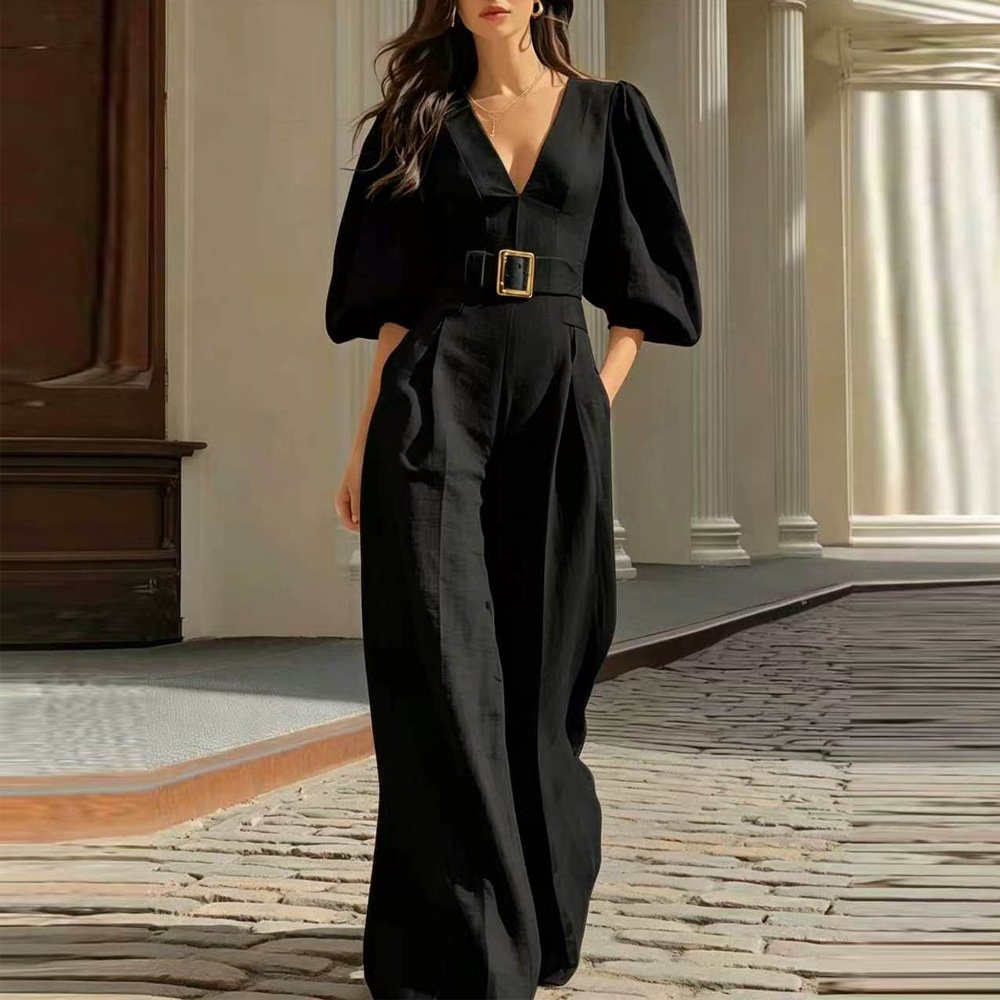 Independent Site Cross-Border Foreign Trade 2026 Spring Collection European and American Women's Fashion Elegant Casual Solid Color Deep V-Neck Loose Jumpsuit for Women