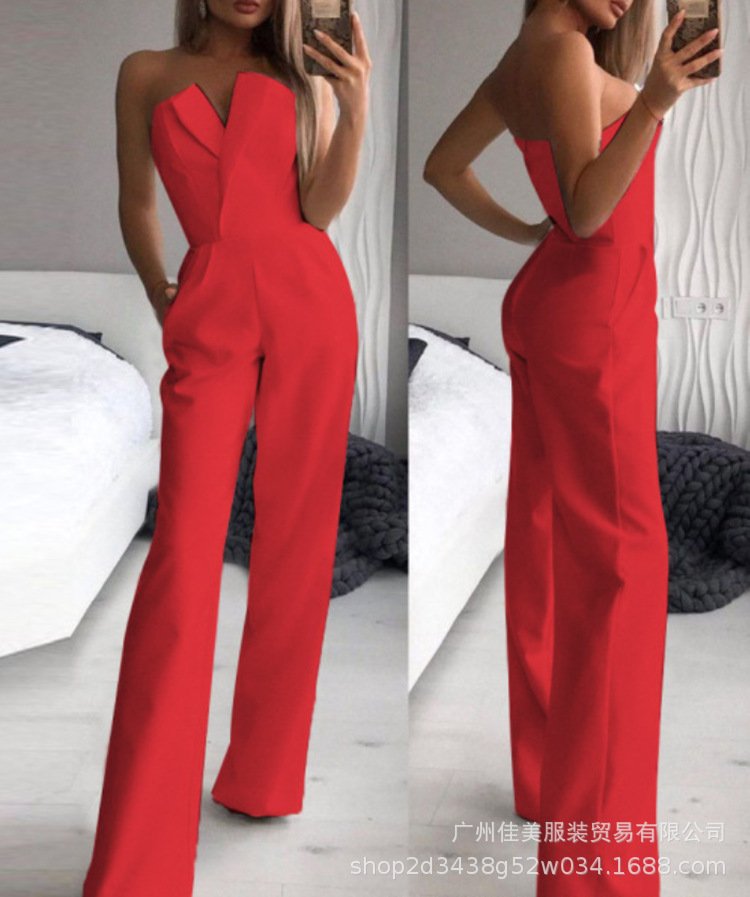 Cross-Border New European and American Foreign Trade Spring and Summer Solid Color Splicing Slim Fit One-Piece Sleeveless Long-Sleeve Off-Shoulder Jumpsuit