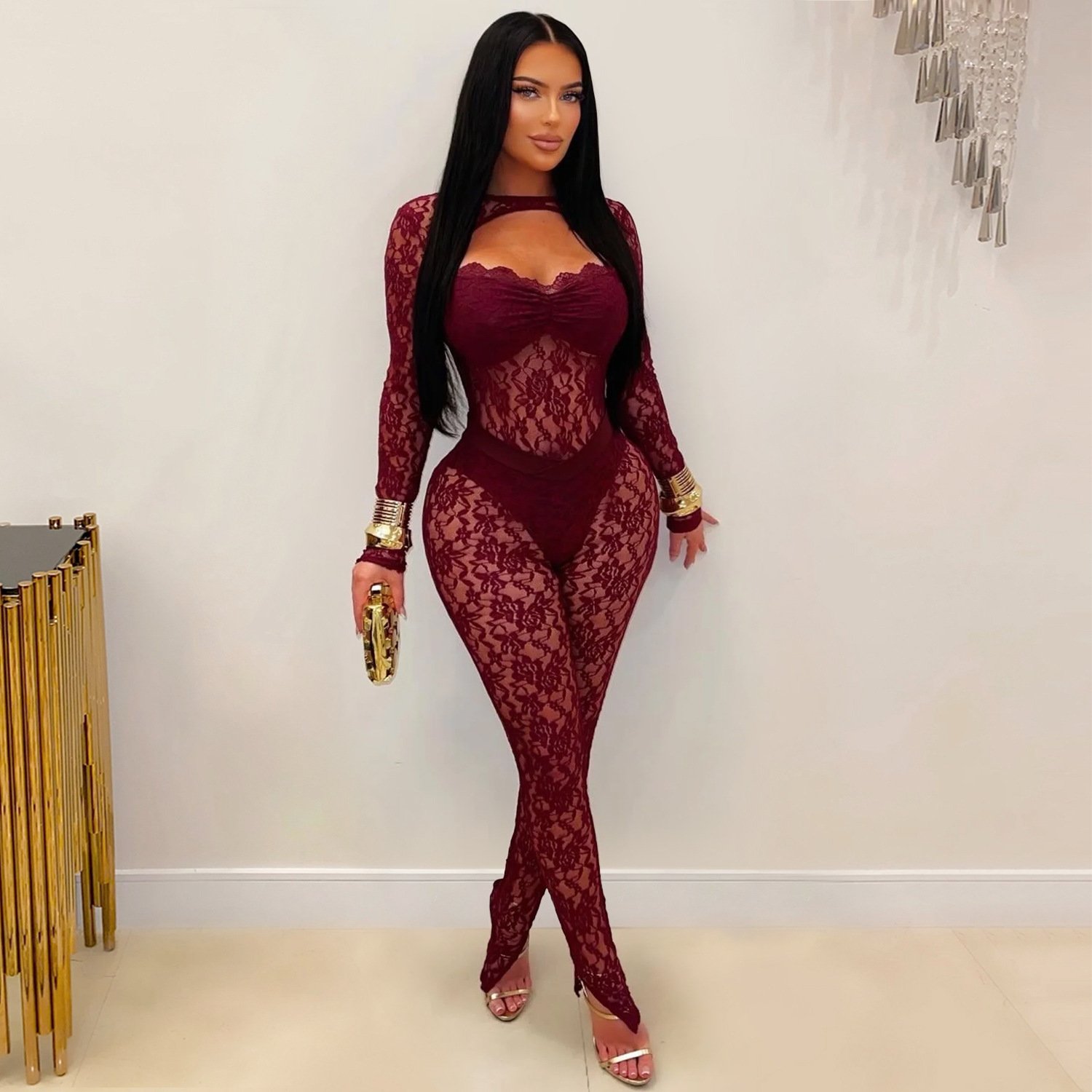 C7637 Cross-Border Aliexpress Amazon European and American Fashion Women's Sexy See-Through Lace Slim-Fit Bodycon Jumpsuit - Image 2