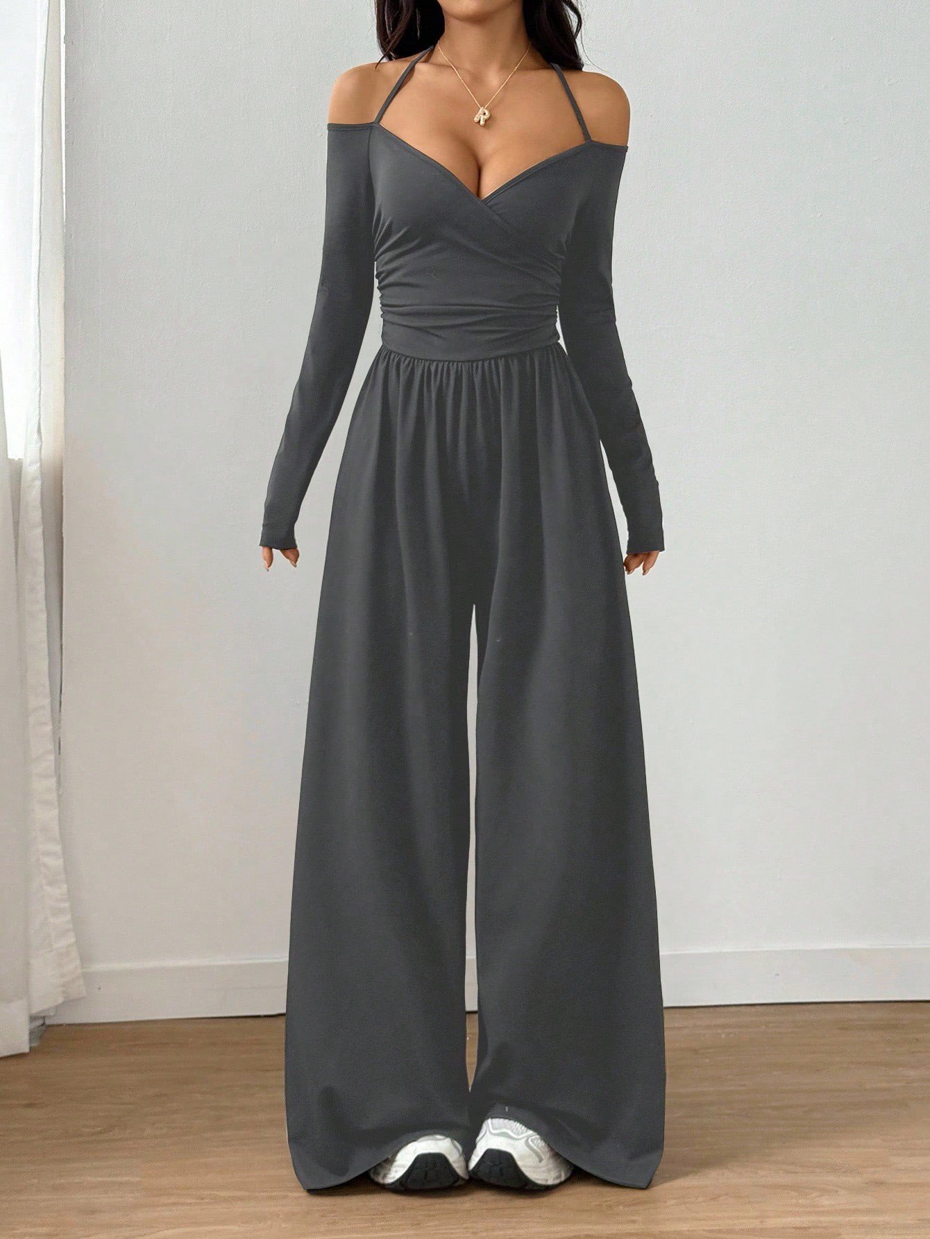 European and American Style Short-Sleeve Cross-Border New V-Neck Tie Long-Sleeve Jumpsuit for Women, Waist-Cinching Wide-Leg Pants, European and American Style Casual - Image 2
