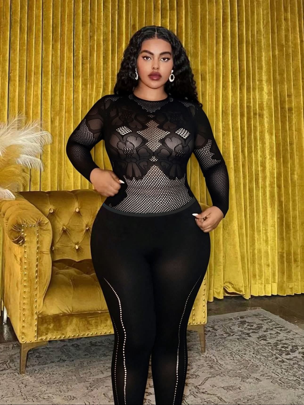 European and American Cross-Border 2026 New Women's Mid-Length Sleeve Hollow-Out See-Through Slim-Fit Sexy One-Piece Knitted Set in Stock - Image 2