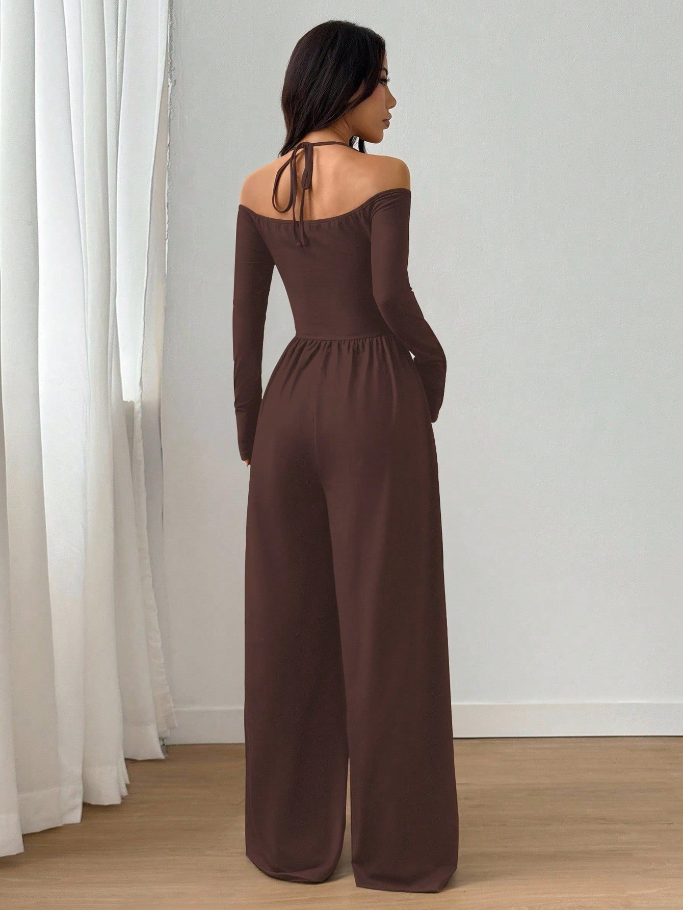 European and American Style Short-Sleeve Cross-Border New V-Neck Tie Long-Sleeve Jumpsuit for Women, Waist-Cinching Wide-Leg Pants, European and American Style Casual - Image 7