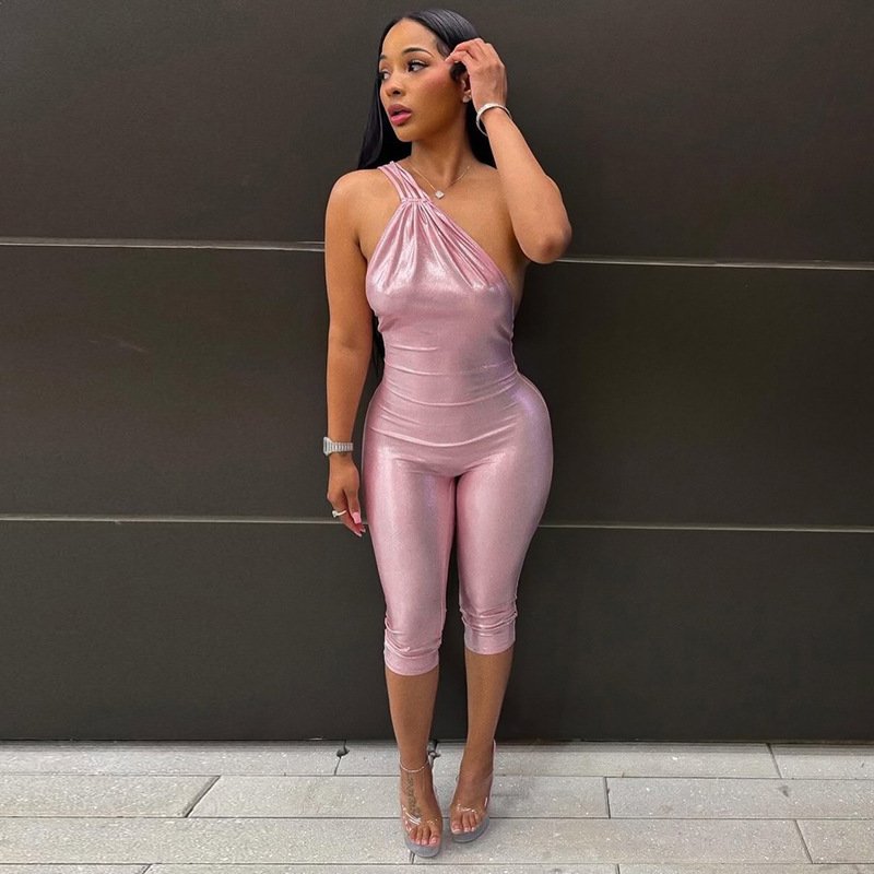 D26Jp189 European and American New Style Cross-Border Women's Clothing with Gold Stamping, One-Shoulder, Sexy, Deep Backless, Tight-Fitting, Spicy Girl Style, Three-Quarter Length Jumpsuit - Image 3