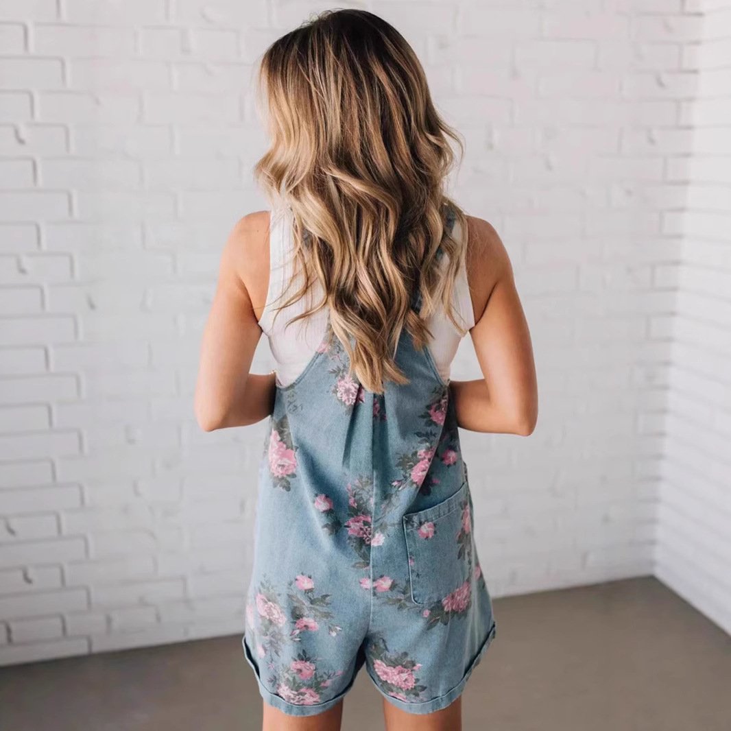 2025 New Cross-border Independent Station Amazon Retro Personality Printed Jumpsuit Fashion Floral Denim Shorts - Image 3