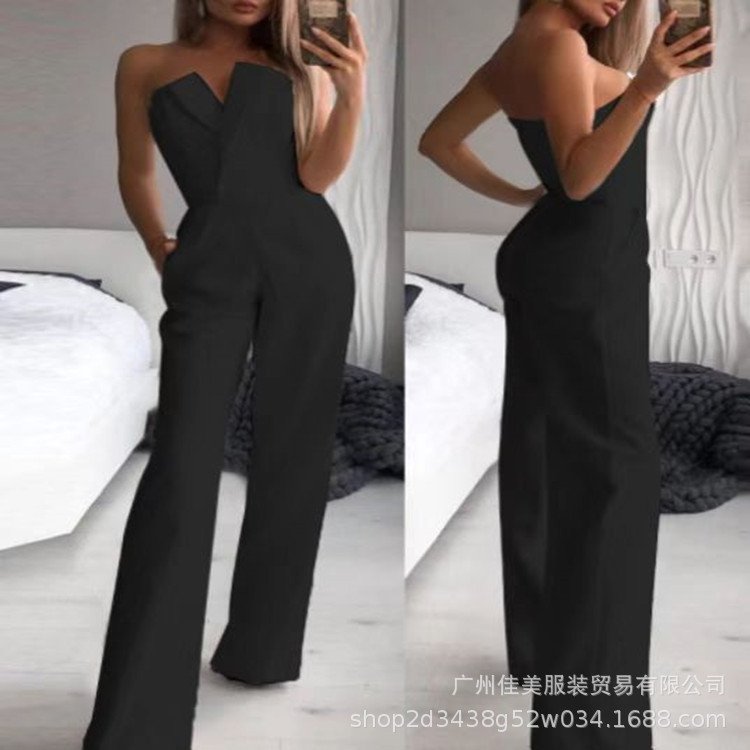 Cross-Border New European and American Foreign Trade Spring and Summer Solid Color Splicing Slim Fit One-Piece Sleeveless Long-Sleeve Off-Shoulder Jumpsuit - Image 4