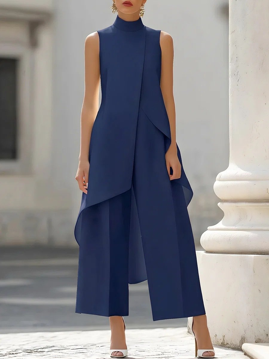2026 European and American Fashion New Style, Slim-Fit Irregular Design for Work, Elegant High-Neck Sleeveless Faux Two-Piece Jumpsuit - Image 4