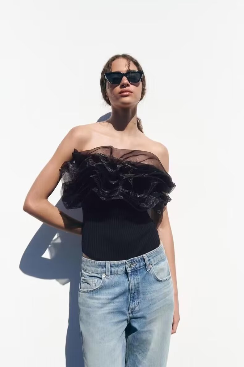 ZA cross-border foreign trade wholesale European and American women's summer sexy transparent hard yarn laminated decorative rib triangle jumpsuit - Image 2