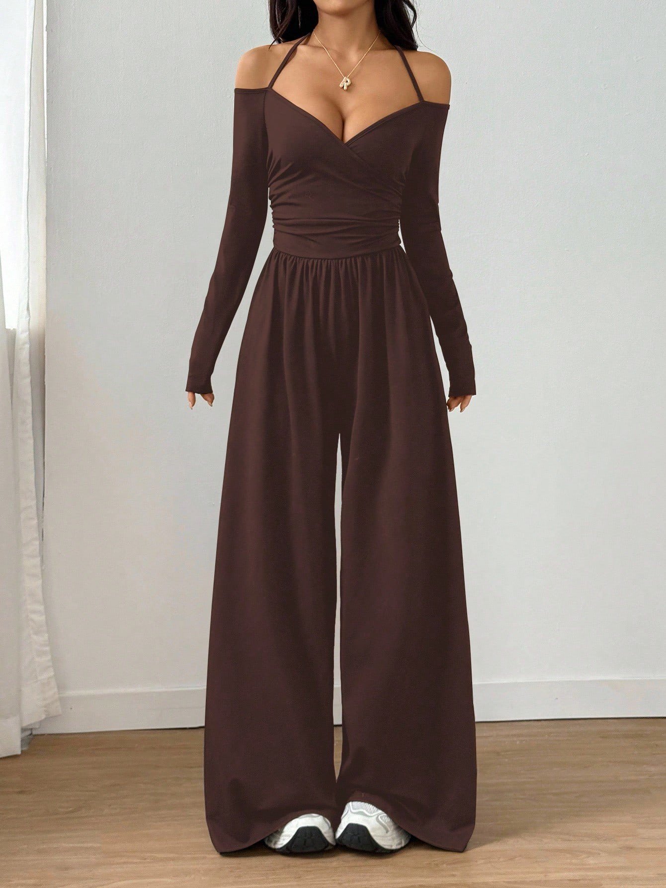 European and American Style Short-Sleeve Cross-Border New V-Neck Tie Long-Sleeve Jumpsuit for Women, Waist-Cinching Wide-Leg Pants, European and American Style Casual - Image 6