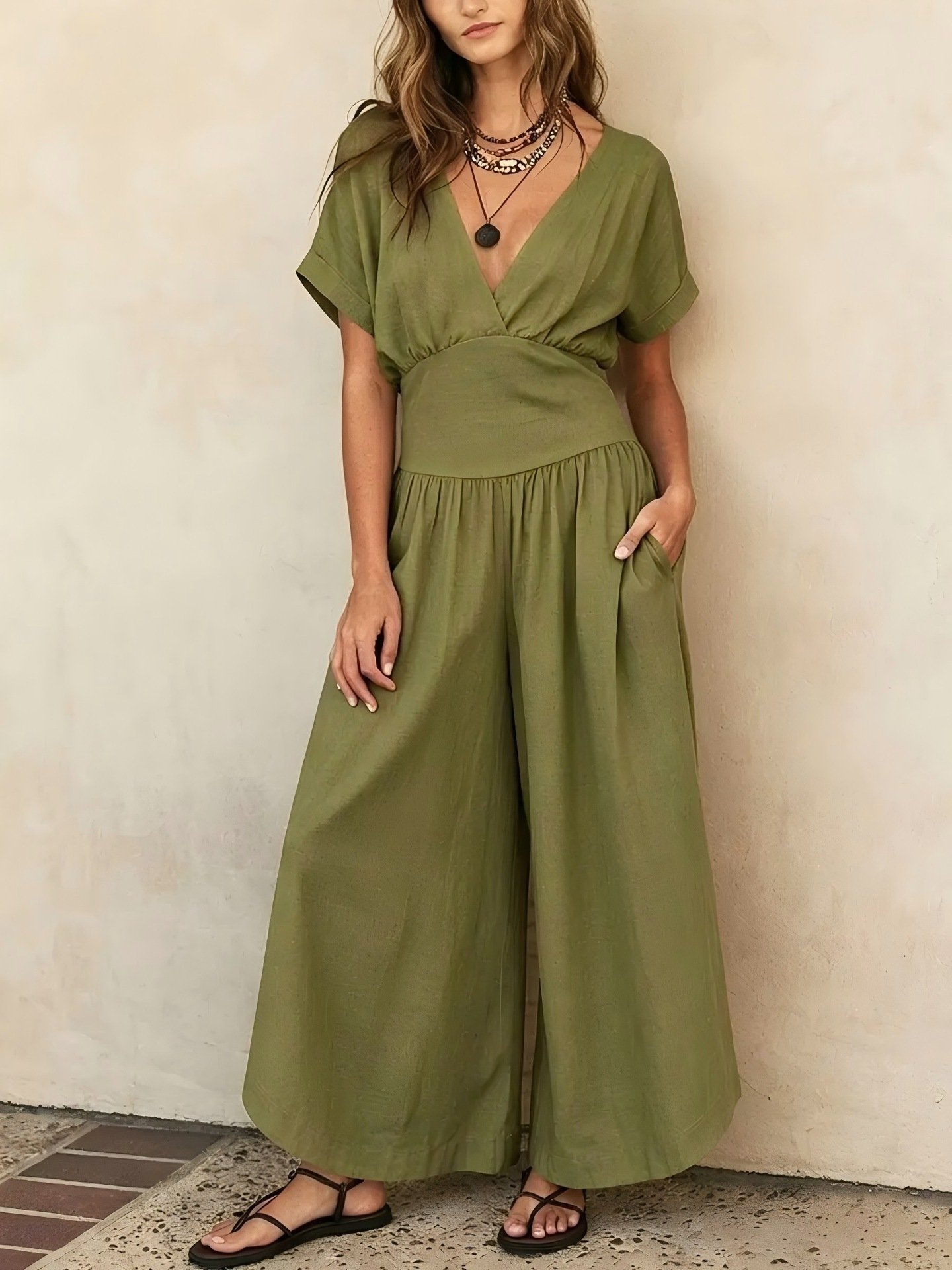 2026 European and American Cross-Border Spring and Summer New Amazon Elegant Waist-Cinching V-Neck Casual Stylish Women's Jumpsuit - Image 7