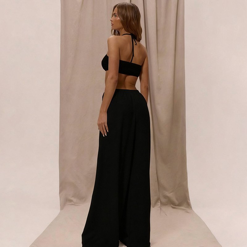 European and American Style 2026 Summer New Cross-Border Vacation Style Sexy Hollow-Out Solid Color Halter Tie Slim-Fit Jumpsuit for Women - Image 2