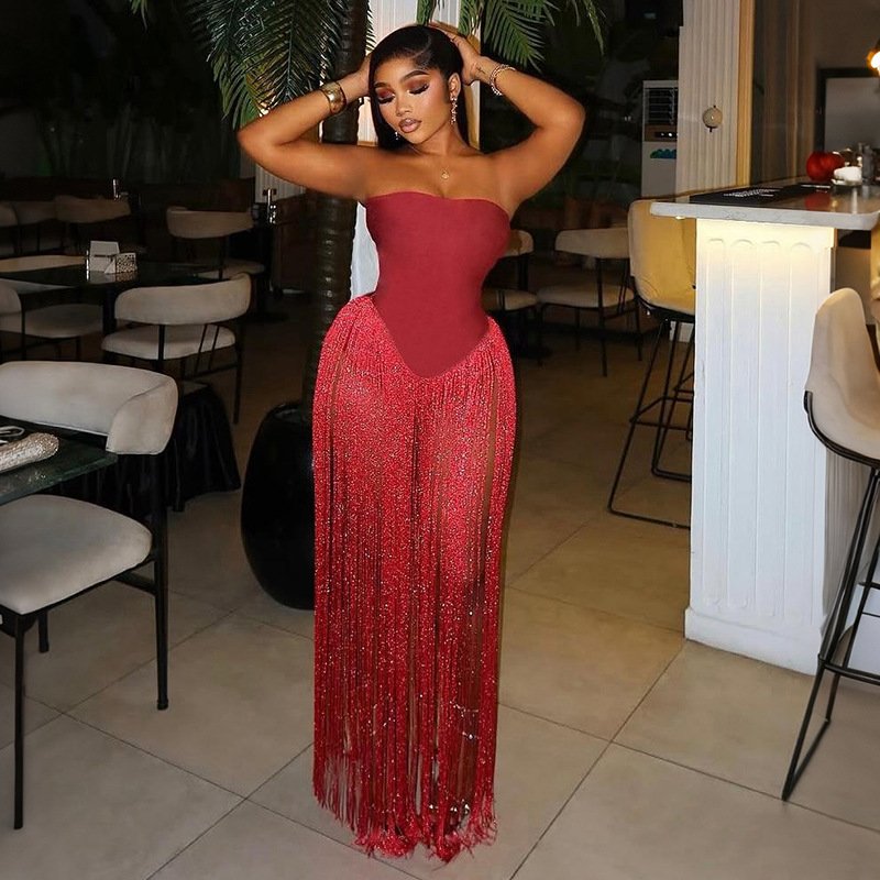 European and American Style 2026 Summer New Cross-Border Solid Color Street Fashion Sexy Hottie Tube Top Tight Tassel Patchwork Jumpsuit - Image 8