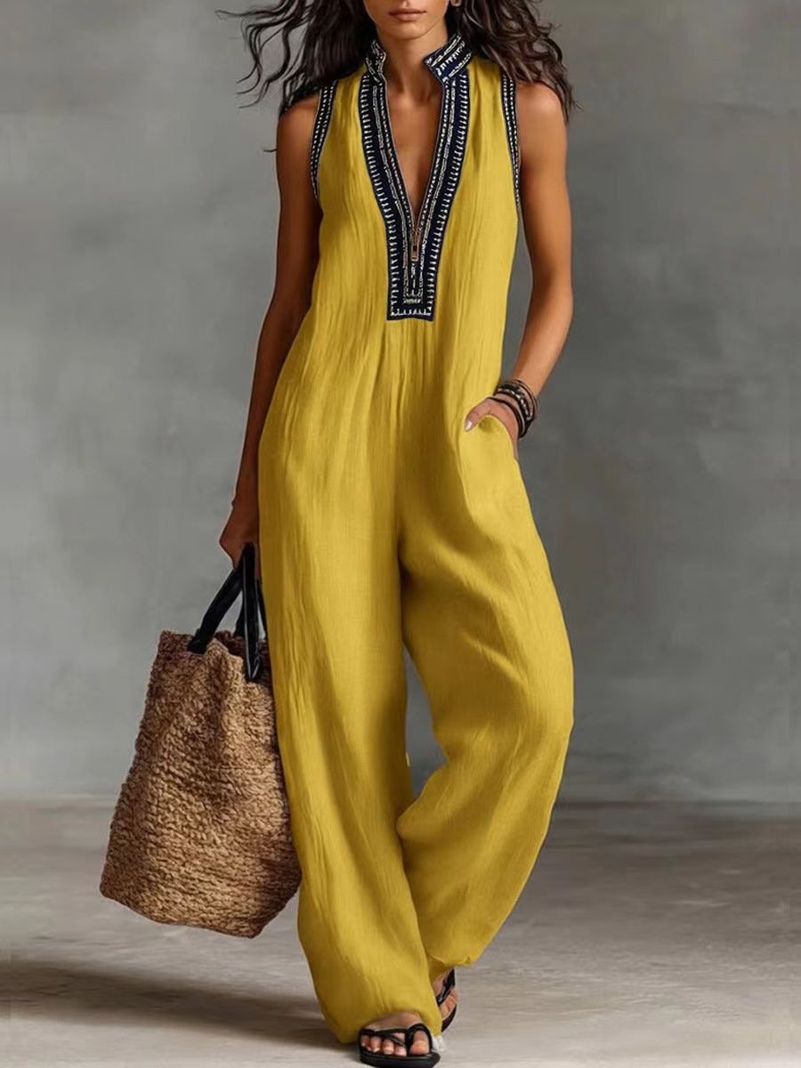 In Stock 2026 European and American Style Women's Simple Linen Blend Sleeveless Jumpsuit with Zipper and Stand-Up Collar - Image 5