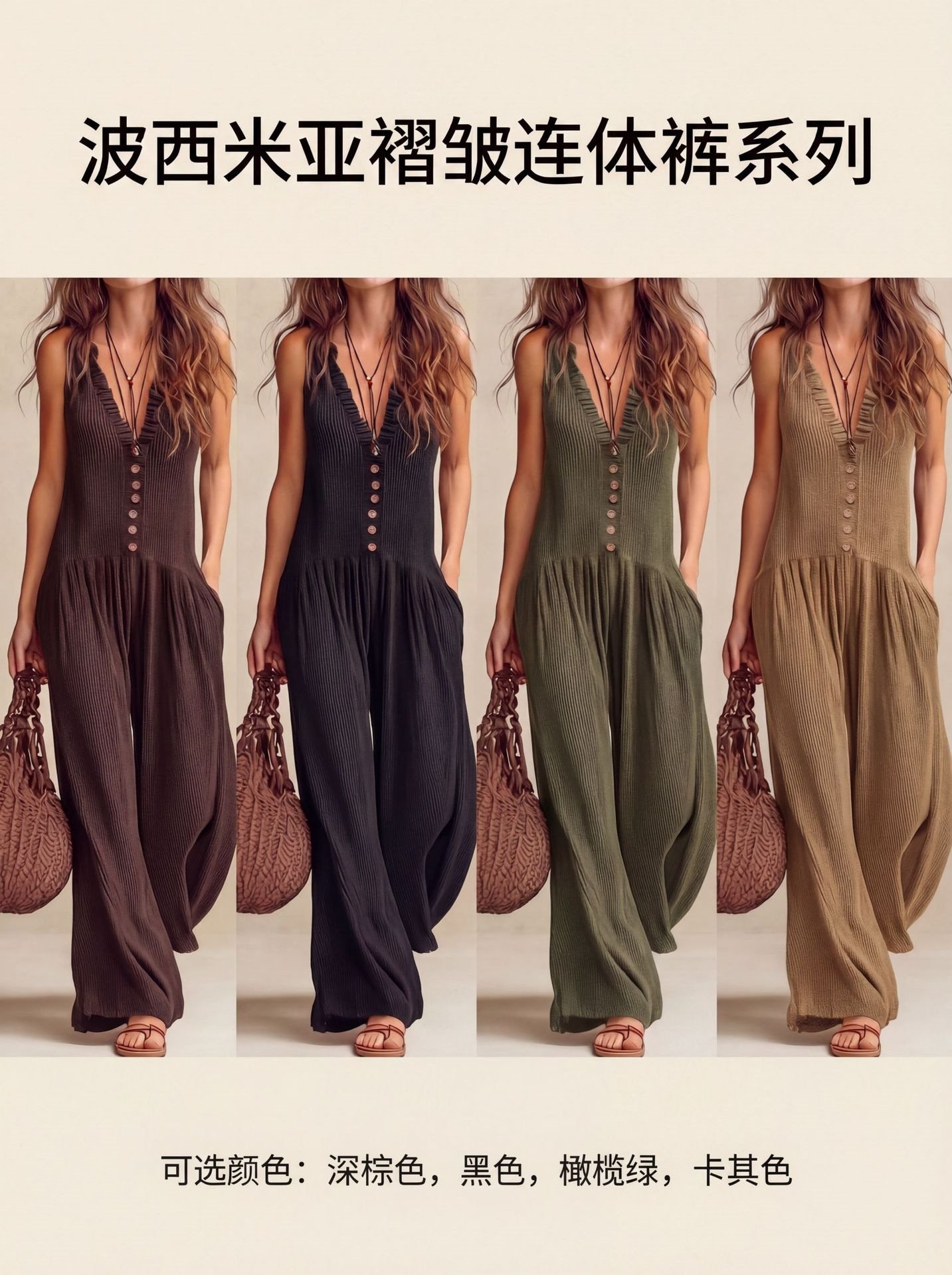 2026 European and American Cross-Border Amazon Women's New Loose Bohemian Style V-Neck Wide-Leg Slim-Fit Jumpsuit