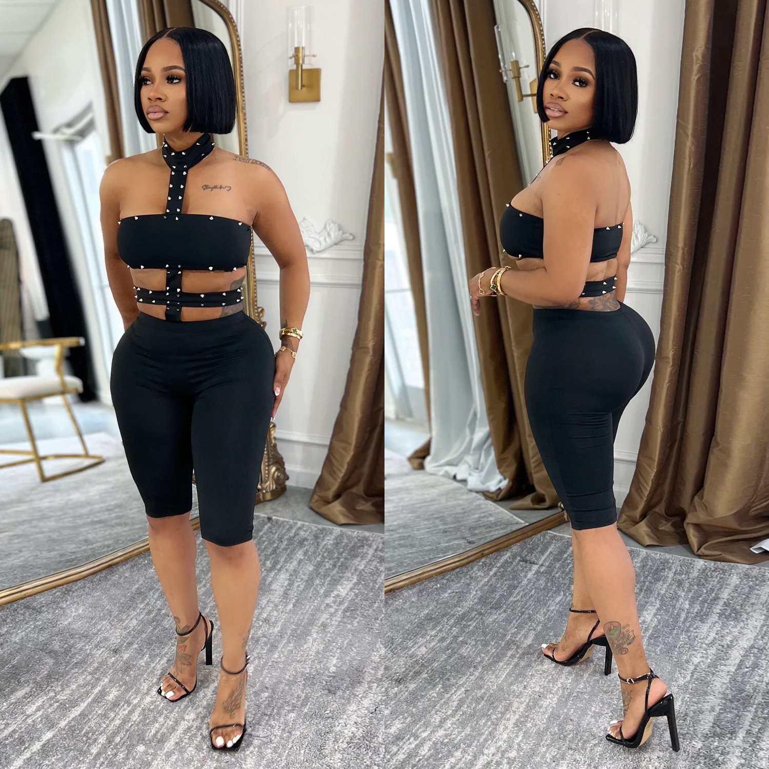 C7728 Cross-Border Aliexpress Amazon European and American Fashion Women's Clothing Sexy Off-Shoulder Beaded Halter Neck Solid Color Jumpsuit