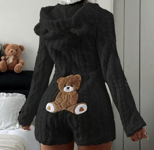 2026 European and American Amazon Independent Site Autumn and Winter New Women's Casual Solid Color Hooded Long-Sleeved Plush Jumpsuit - Image 3