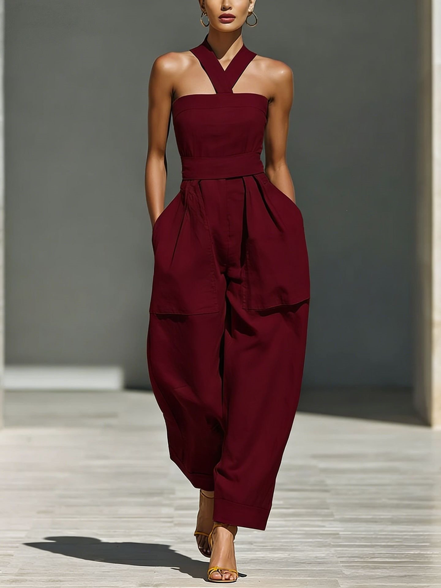 2026 Amazon Independent Site New Style Linen Blend Cross-Over Halter Neck Loose-Fitting Women's Jumpsuit - Image 2