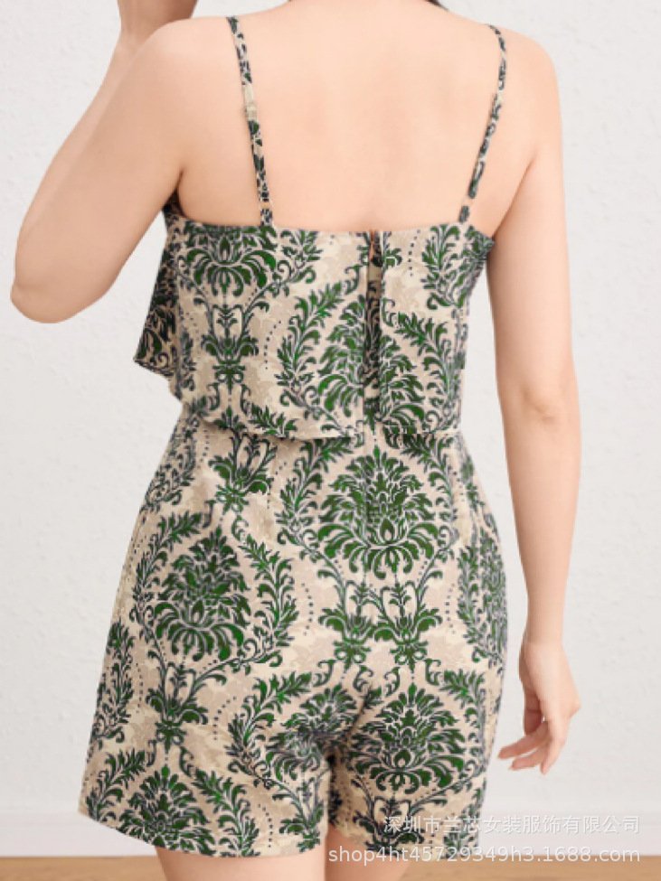 【Standard Code】Vintage Ethnic Style Printed Fake Two-Piece Suspender Jumpsuit Shorts Women's Summer Wide-Leg Pants - Image 7