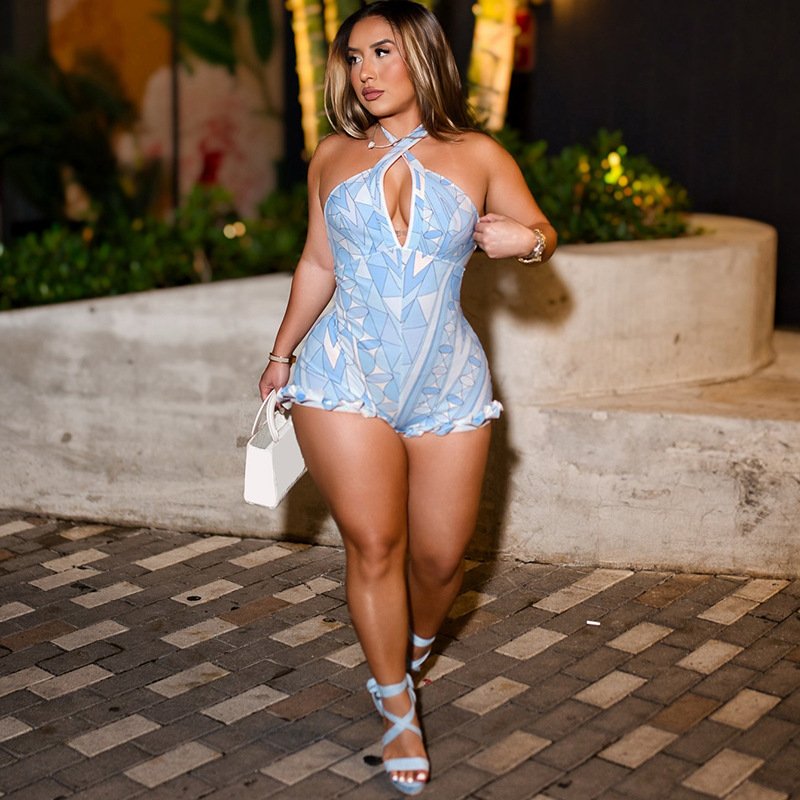 European and American Style 2026 Summer New Fashion Creative 3D Digital Print Halter Neck Backless Slim-Fit Jumpsuit for Women