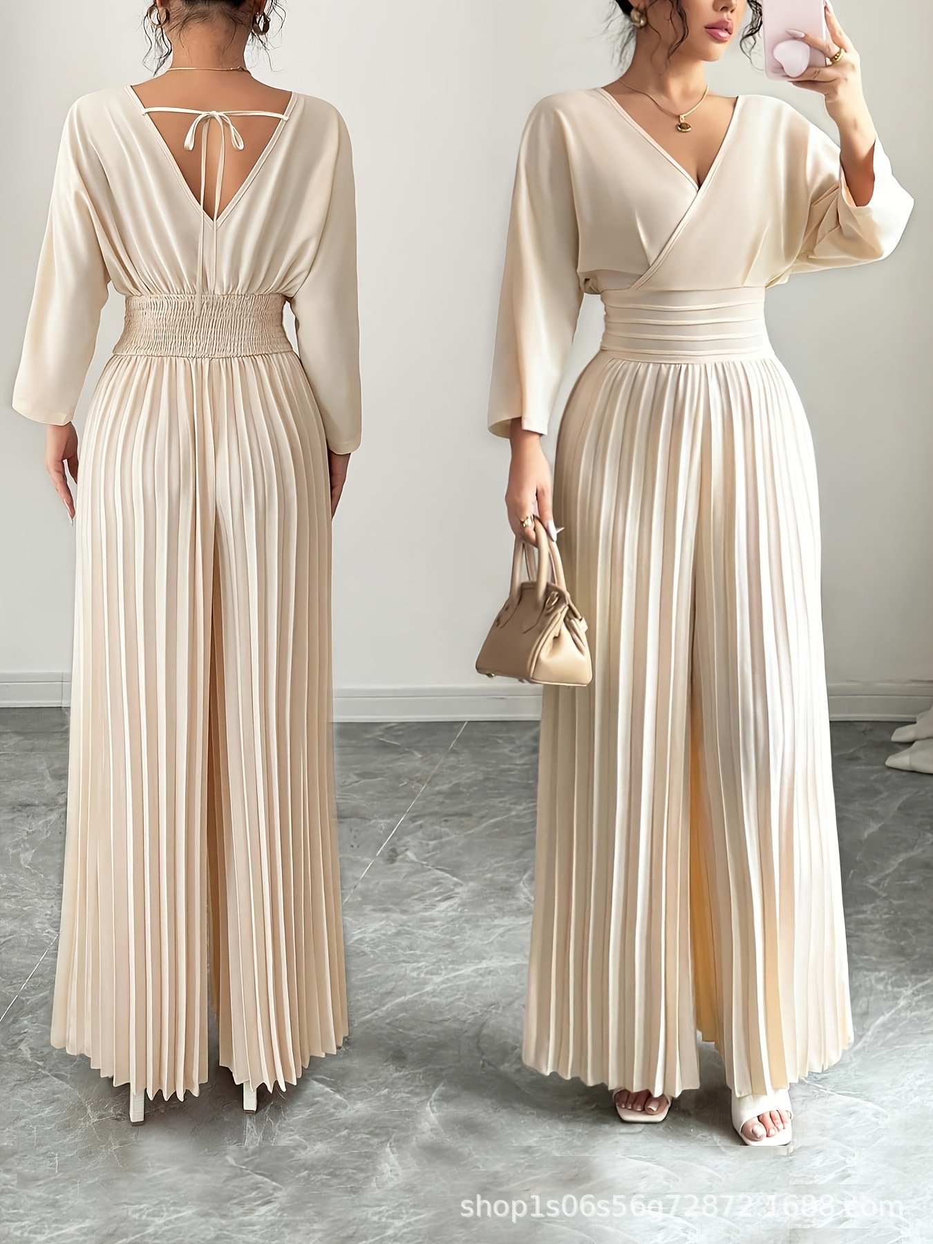 Amazon Foreign Trade 2025 New European and American Cross-Border Fashion V-Neck High-Waisted Solid Color Sexy Pleated Jumpsuit