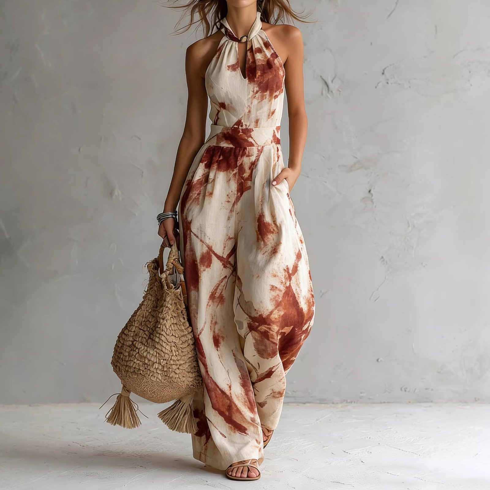 2026 European and American Women's Fashion Amazon Independent Site Spring and Summer Halter Neck Digital Print Backless Sleeveless Jumpsuit - Image 3
