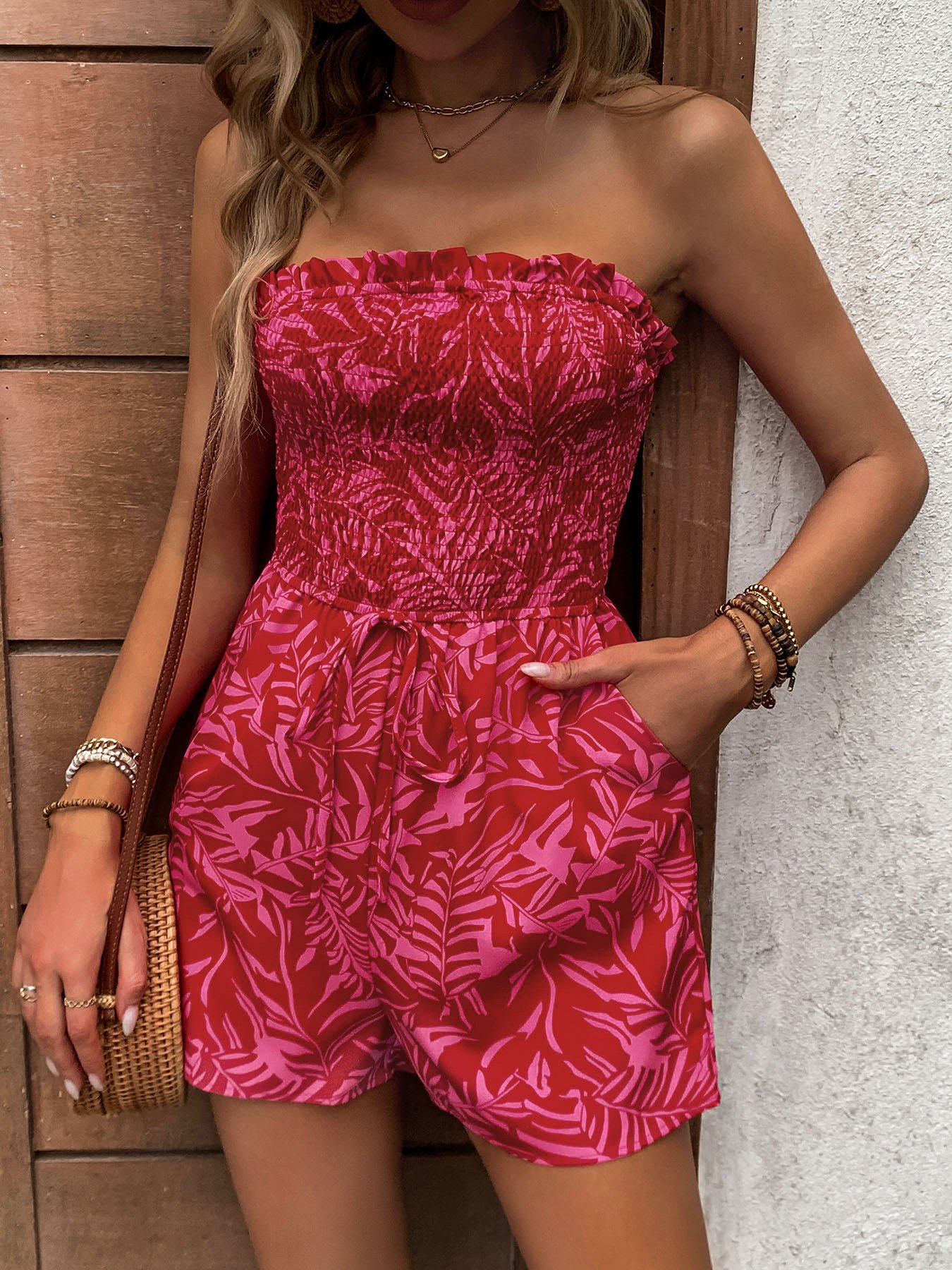 Cross-Border European and American Summer Hot Sale Vacation Casual One-Piece Shorts One-Shoulder Elastic Waist Printed Tube Top Jumpsuit