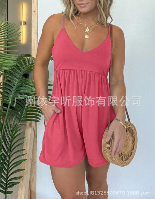 European and American Cross-border 2024 Amazon Women's Casual Summer New Solid Color Sexy Shoulder Strap Pants - Image 5