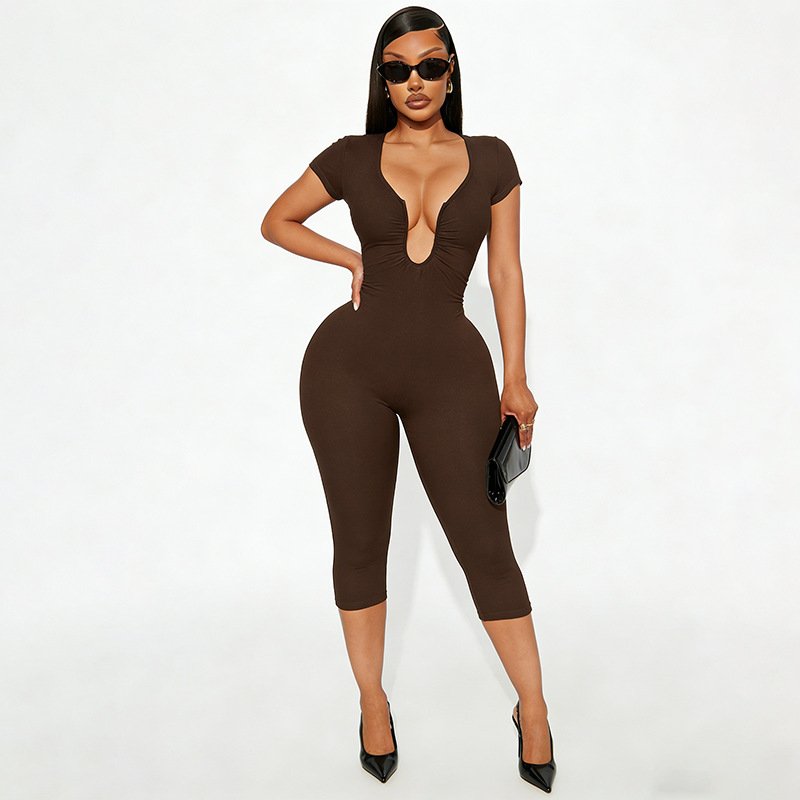 J25Jp479 European and American Cross-Border Women's Clothing Spring and Summer U-Shaped Neckline with Sleeves, Solid Color, Elastic Zipper, Three-Quarter Length Jumpsuit - Image 7