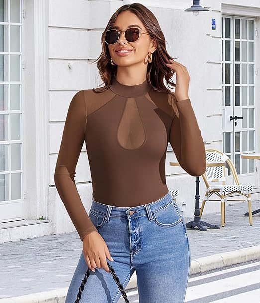 Cross-Border Amazon New Long-Sleeved Bottoming Shirt European and American Style Solid Color Semi-Circular Collar Sexy Mesh Splicing See-Through Jumpsuit - Image 8