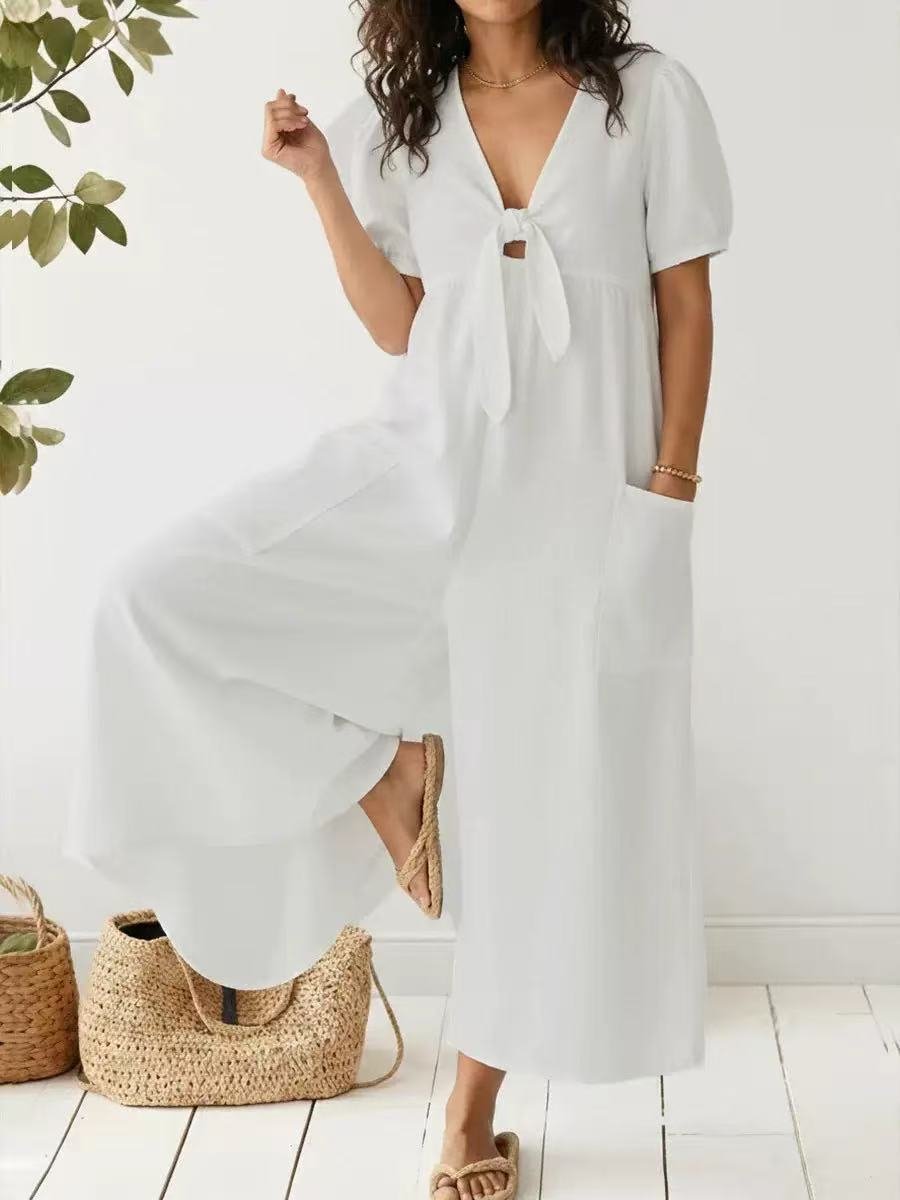New European and American Style Spring/Summer Women's Casual Loose Short-Sleeve V-Neck Washed Denim Pocket Jumpsuit Yx2026046