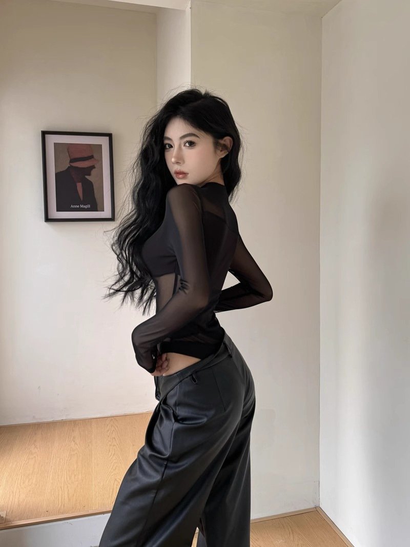 Foreign Trade Cross-Border Spring and Summer New Sexy Sexy Mesh Splicing Bottoming Shirt Women's Slim Fit Inner Cut Out One-Piece Top Price Starting quantity - Image 3
