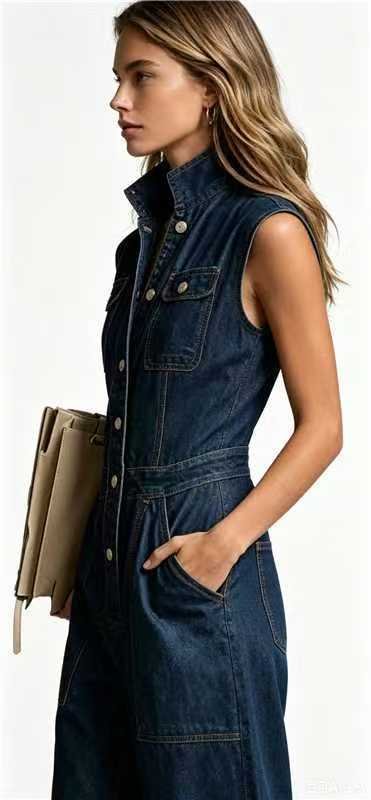 European and American Cross-Border Tight-Waist Washed Denim Jumpsuit Straight Loose Sleeveless Overalls Sym13007 - Image 3